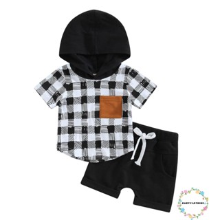 Babyclothes- เสื้อผ้าเด็กผู้ชาย แขนสั้น มีฮู้ด พิมพ์ลายสก๊อต เสื้อหลวม + กางเกงหูรูด พร้อมกระเป๋า