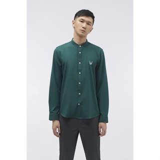 ESP เสื้อเชิ้ตแขนยาวคอจีน ลายเฟรนช์ชี่ ผู้ชาย สีเขียวเข้ม | Frenchie Stand Collar Shirt | 3666