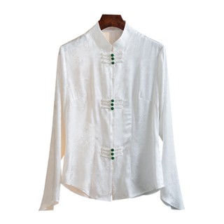 Jacquard เสื้อเชิ้ต คอปกตั้ง เข้ารูป สีขาว สําหรับผู้หญิง