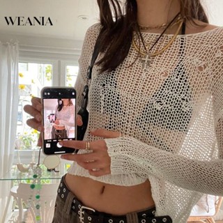 Weania เสื้อยืดซีทรู ผ้าถัก ตาข่าย สไตล์สตรีท เซ็กซี่ สําหรับผู้หญิง