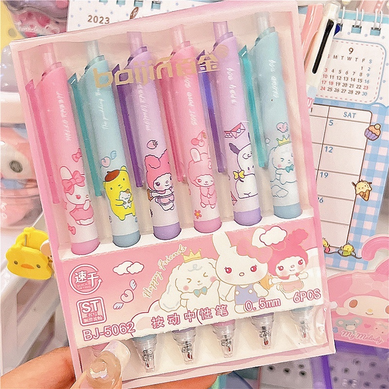 SANRIO ชุดปากกาเจล 0.5 มม. ลายการ์ตูนซานริโอ้ สีดํา เครื่องเขียน 6 ชิ้น