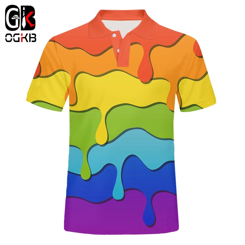 เสื้อโปโลผู้ชายสีรุ้ง 3D พิมพ์ฤดูร้อน