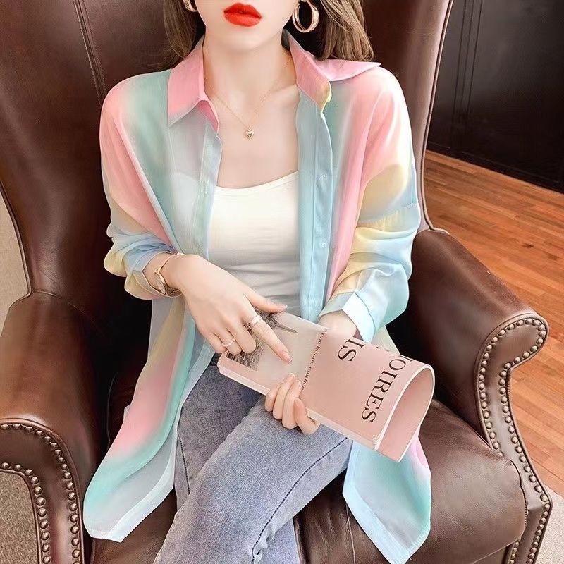 เสื้อคาร์ดิแกนแขนยาว ผ้าชีฟอง แบบบาง ทรงหลวม สีรุ้ง แฟชั่นสําหรับสตรี ราคา ถูกที่สุด ดีลบีเคเค แกลเลอรีภาพที่ 6