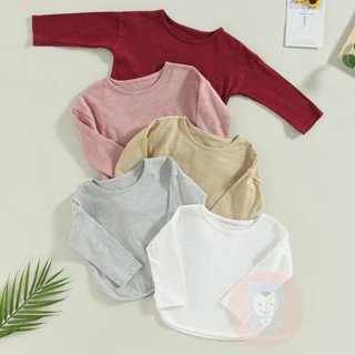 Laa6- เสื้อลําลองแฟชั่น แขนยาว คอกลม สีพื้น สําหรับเด็ก