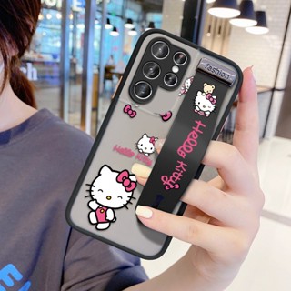 เคสโทรศัพท์มือถือแบบแข็ง ผิวด้าน ลายคิตตี้น่ารัก พร้อมสายรัดข้อมือ สําหรับ Samsung S20 S21 S22 Plus Ultra S20 FE