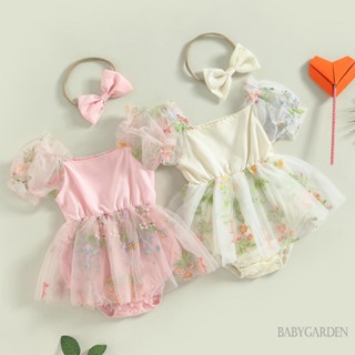 Babygarden-0-24m ชุดรอมเปอร์ แขนสั้น แขนพัฟ ลายดอกไม้ + ที่คาดผม แฟชั่นฤดูร้อน สําหรับเด็กผู้หญิง