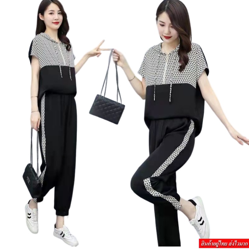 Clothingfashion ชุดเซตผู้หญิงเสื้อเเขนสั้นมีฮู้ด เเละ กางเกงขายาว รุ่น W9048