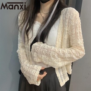 Manxi คาร์ดิแกนไหมพรม ลายลูกไม้ รุ่นบาง เสื้อแอร์ 2023 ใหม่ A21K0CG