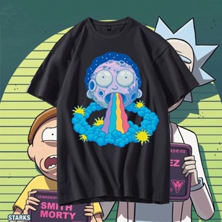 เสื้อแขนสั้น เสื้อไม่ต้องรีด เสื้อยืดแขนสั้น ผ้านุ่ม เสื้อยืด Rick And Morty Rainbow Planet T-Shirt  Printed For Men Kor