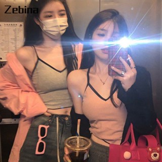 Zebina เสื้อกล้ามสายเดี่ยวถักสำหรับผู้หญิงสำหรับผู้หญิงที่จะสวมใส่สาวผอมและเซ็กซี่และหลากหลายและเสื้อคอวีสั้นพร้อมแผ่นรองหน้าอก