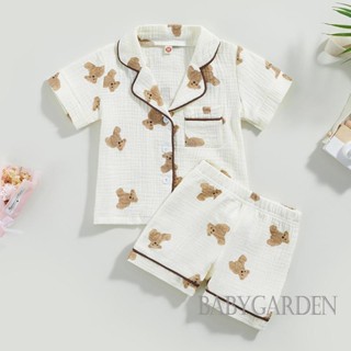 Babygarden- ชุดนอนเด็ก 1-6 ปี, เสื้อยืดแขนสั้น พิมพ์ลายการ์ตูนหมี + กางเกงขาสั้น แบบยืดหยุ่น