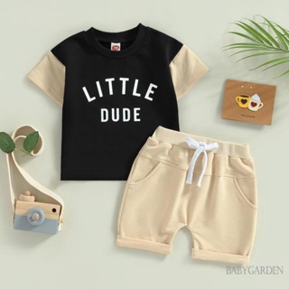 Babygarden-3m-3y ชุดเสื้อผ้าเด็กผู้ชาย เสื้อยืด แขนสั้น พิมพ์ลายตัวอักษร และกางเกงขาสั้น แบบยืดหยุ่น รีดชายเสื้อ