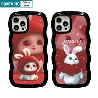 Suntaiho Fashion Cute Red Hat Rabbit Pattern Soft Case Compatible for iPhone 11 Pro 14 PRO MAX 12 13 Pro XR XS Max 7 Plus 8 Plus Wavy Shape Shockproof Phone Casing