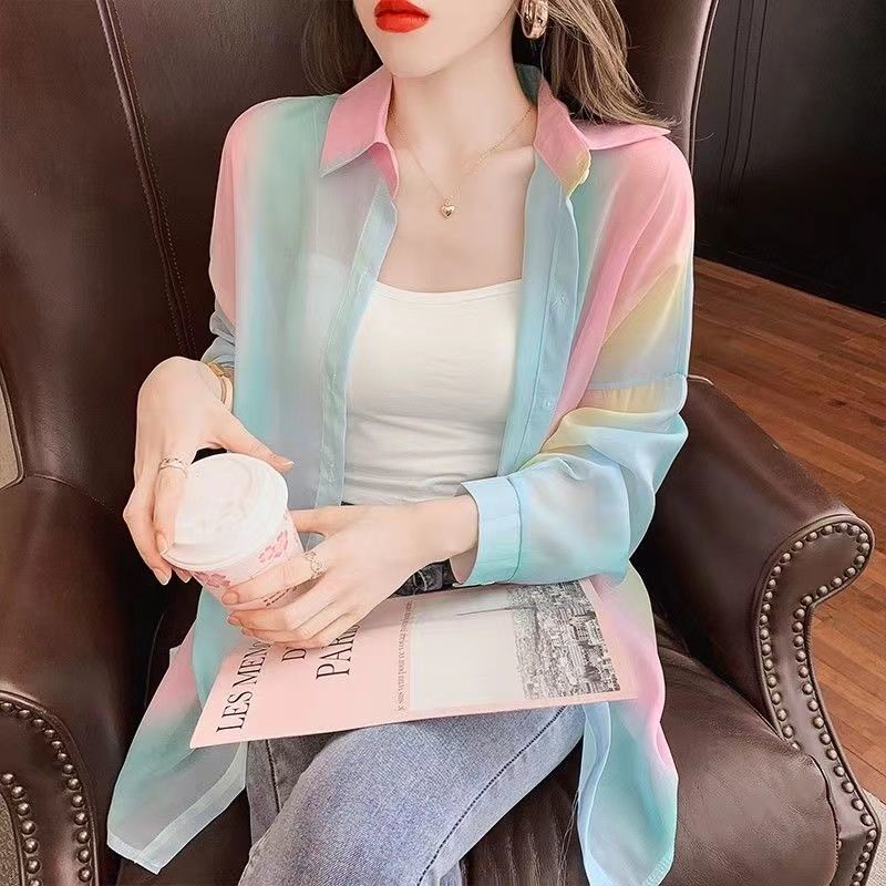 เสื้อคาร์ดิแกนแขนยาว ผ้าชีฟอง แบบบาง ทรงหลวม สีรุ้ง แฟชั่นสําหรับสตรี ราคา ถูกที่สุด ดีลบีเคเค แกลเลอรีภาพที่ 3