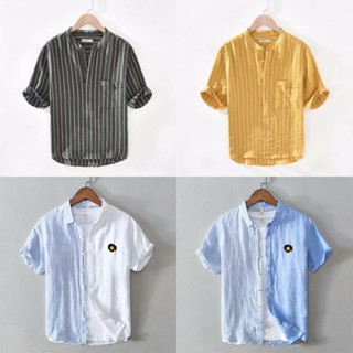 เสื้อเชิ้ต แขนสั้น ผ้าลินิน ลายทาง พลัสไซซ์ สําหรับผู้ชาย