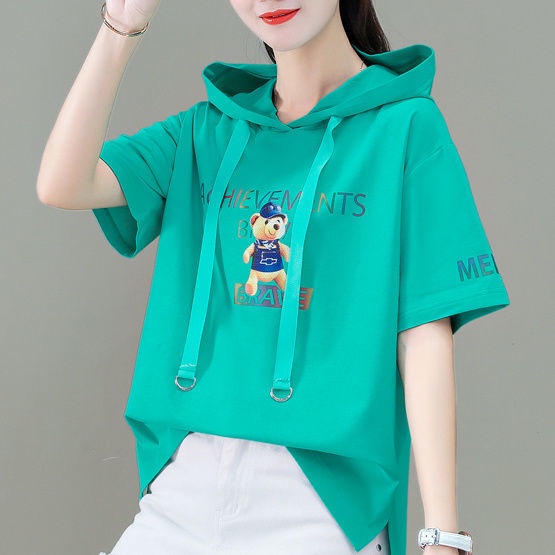 เสื้อยืดแขนสั้นลําลอง มีฮู้ด ทรงหลวม พิมพ์ลาย สีดํา แฟชั่นฤดูร้อน สไตล์เกาหลี สําหรับผู้หญิง