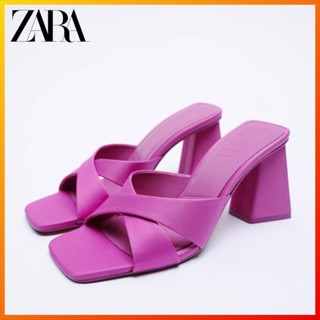 Zara ใหม่ รองเท้าส้นสูง สายไขว้ สีแดงเชอร์รี่ แฟชั่นฤดูร้อน สําหรับผู้หญิง