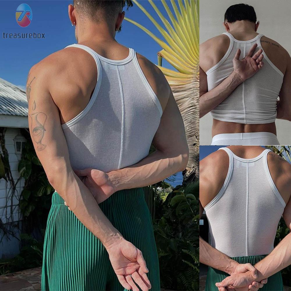 【TRSBX】พร้อมส่ง เสื้อครอปท็อปลําลอง แขนกุด ผ้าถัก ทรงสลิมฟิต เหมาะกับเดินชายหาด แฟชั่นสําหรับผู้ชาย jJKiGl