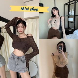 Mini shop🌸พร้อมส่ง🌸 (8K12-2)  เสื้อเปิดไหล่ไหมพรม ซีทรูเบาๆ สไตล์เกาหลีสุดๆ