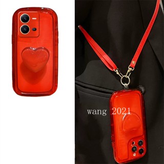 Phone Case เคส VIVO V25e V25 Y02 Y02s Y01 V23 V23e 4G 5G Red Elegant Heart-shaped Bracket Leather Lanyard Casing  VIVO T1x Y33T Y21T Y21A Y33s Y21s Y21 Y15A Y15s Silicone Soft Cover เคสโทรศัพท