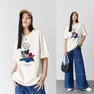 เสื้อยืดคอกลม ผ้าฝ้าย 100% พิมพ์ลายการ์ตูนสุนัขน่ารัก ทรงหลวม คุณภาพสูง แฟชั่นฤดูร้อน สําหรับผู้หญิง