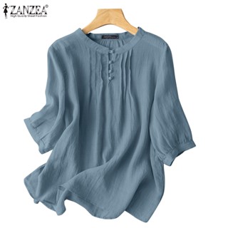 ZANZEA Women Korean Loose 3/4 Sleeve O-Neck Solid Color Blouse