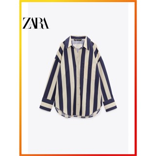 Zara ฤดูใบไม้ร่วงและฤดูหนาว ใหม่ ผู้หญิง ลายทาง หลวม ผ้าไหม เสื้อเชิ้ต 2067404 066