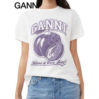 【Spring And Summer New】Ganni เสื้อยืดแขนสั้น พิมพ์ลายผลไม้ พลัม สําหรับผู้หญิง