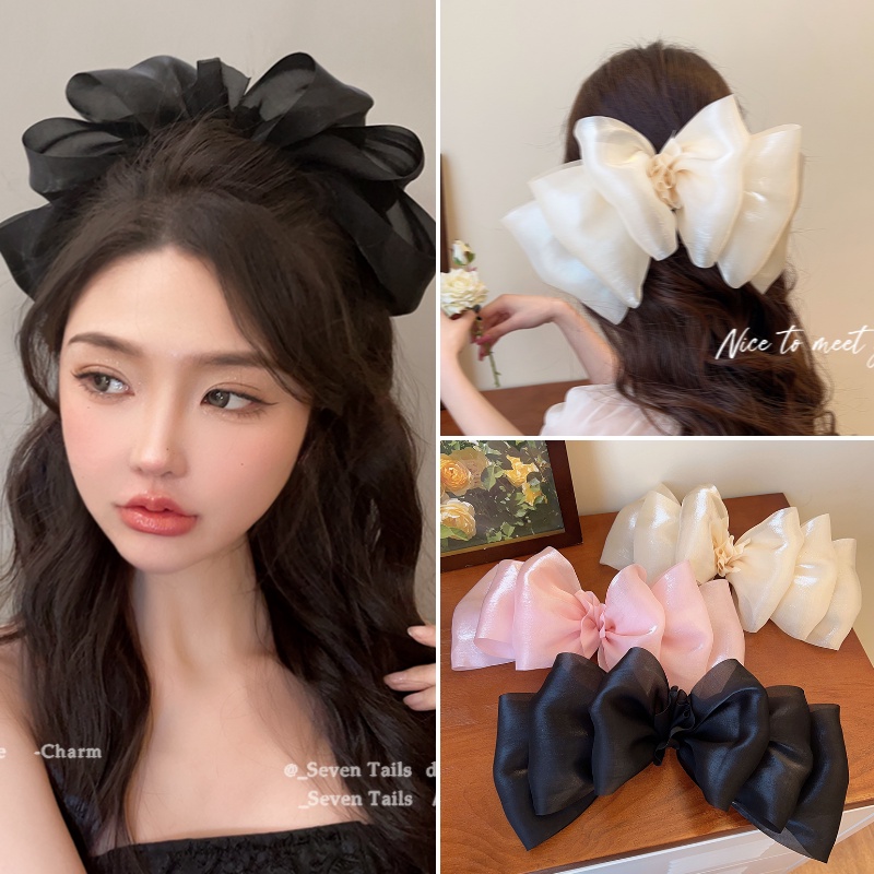 เกินจริงผ้ากอซสามชั้นโบว์ใหญ่กิ๊บเส้นด้ายสดใสปิ่นปักผมสําหรับผู้หญิงเครื่องประดับผม