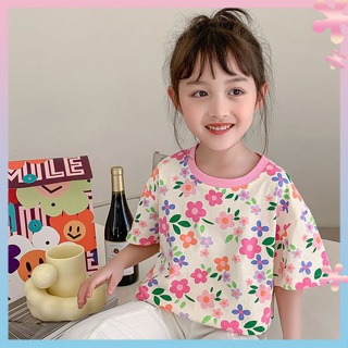 Cotton childrens baby girls small and medium childrens 2023 Summer new cartoon tie-dye quick-drying breathable short-sleeved T-shirt top