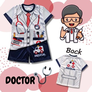 DOC0795 ชุดเด็ก ชุดอาชีพเด็ก เสื้อแขนสั้น+กางเกงขาสั้น ผ้าไมโครเกรดA (ผ้าลื่น) พิมพ์ลายคุณหมอ เสื้อผ้าเด็ก ชุดเด็กแฟชั่น