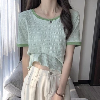 เสื้อยืดคอกลม ไหมพรมสีพาทเทลสุดคิวท์ ระบายผ้าหยักจั้มทั้งตัว #A242