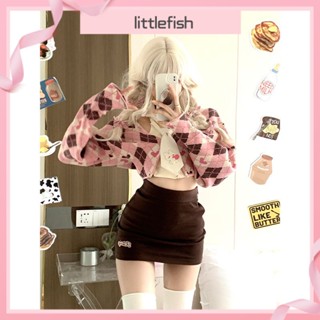 [littlefish] เสื้อแจ็กเก็ตสั้น ผ้าถักนิตติ้ง เข้ารูป สีชมพู ขนาดใหญ่ แฟชั่นฤดูหนาว สําหรับเด็กผู้หญิง