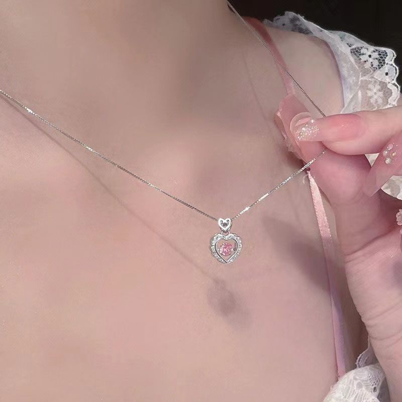 【MHANG】สร้อยจี้หัวใจเพชรแฟชั่น สร้อยคอเพชรหัวใจเงิน สร้อยคอจี้หัวใจเพชรสีชมพู เครื่องประดับ ของขวัญให้แฟน