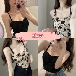 Elves✨พร้อมส่ง✨ เสื้อสายเดี่ยวไหมพรม มีฟองน้ำ ลายดอกไม้เซ็ดซี่ขยี้ใจมาก ~19080~