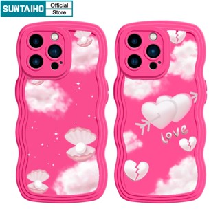 Suntaiho Rose-red Wave Phone Case Fashion Sweet Girl Love Heart Clouds Pattern Phone Case for iPhone 14 12 13 11 Pro Max XS X XR XS Max 7 8 Plus Silicone Soft Case