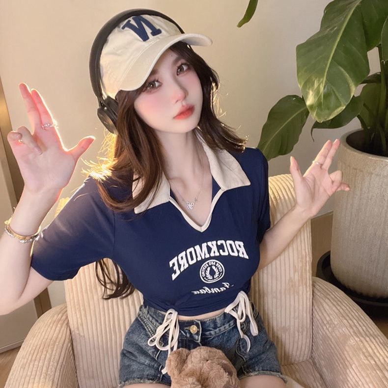 ใหม่ เสื้อยืด คอวี แขนสั้น แบบผูกเชือก เข้ารูป สีพื้น ดีไซน์ใหม่