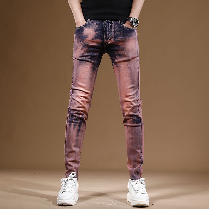 &lt; High-end Jeans &gt; กางเกงยีนสกินนี่ ผ้ายืด ทรงสลิมฟิต สีมัดย้อม สําหรับผู้ชาย 2023