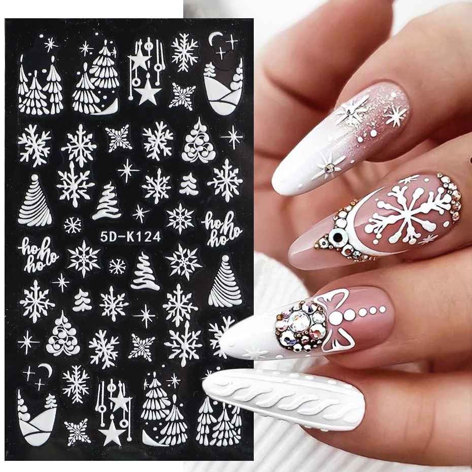 เกล็ดหิมะสีขาว 5D นูนสติกเกอร์เล็บน่ารัก Elk ฤดูหนาวเจล Polish Decals Sliders ต้นคริสต์มาสแกะสลักฟอยล์ NF5D-K124