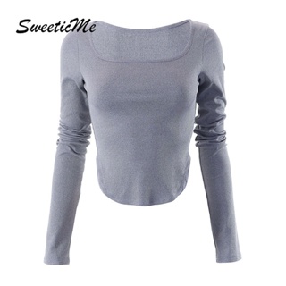 Sweeticme ใหม่ เสื้อยืดลําลอง แขนยาว คอกลม เข้ารูป สีพื้น แฟชั่นสําหรับสตรี 2023