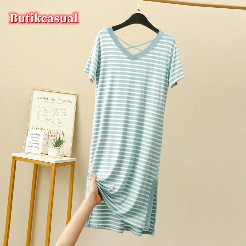 ผู้หญิง Modal Cotton striped dress หลวมธรรมดาชุด Loungewear V คอ 2025 ฤดูร้อน midi ชุด ราคา ถูกที่สุด ดีลบีเคเค แกลเลอรีภาพที่ 6