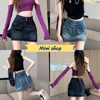 Mini shop🌸พร้อมส่ง🌸 (7217/7507) กระโปรงยีนส์เอวสูง ดีเทลปลาบขาดๆเท่มากสีฟอกกำลังมาแรง  -NZ