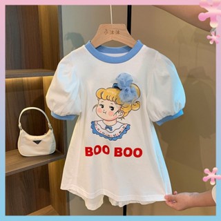 Girls dress 2023 Summer new baby fashionable cartoon printed cotton short sleeve mid-length T-shirt skirt