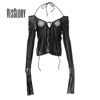 Vesglory เสื้อยืดแขนยาว คอวี ผ้าตาข่าย ผูกเชือก สีพื้น เซ็กซี่ แฟชั่นสําหรับผู้หญิง