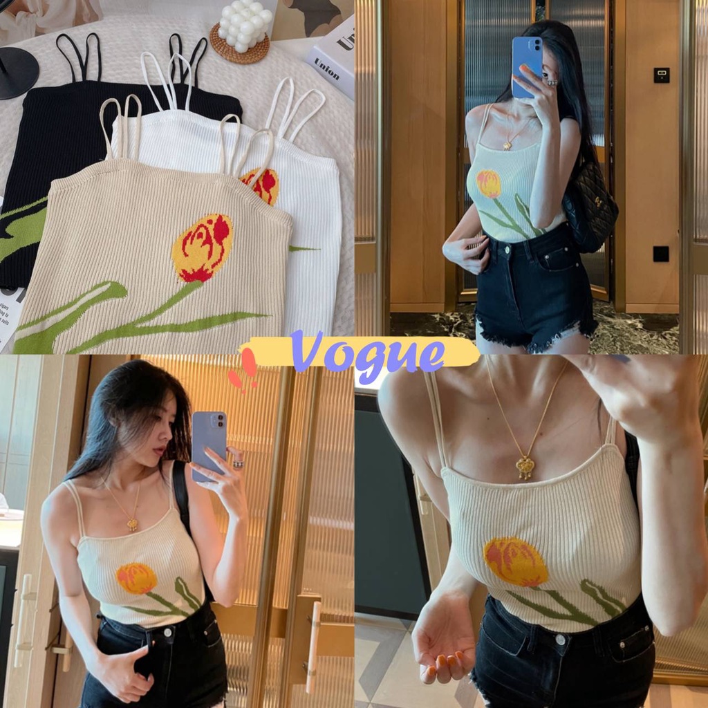 Vogue พร้อมส่ง เสื้อสายเดี่ยวไหมพรม ลายดอกไม้น่ารักมาก คิ้วสุดๆ (98116-1) -N
