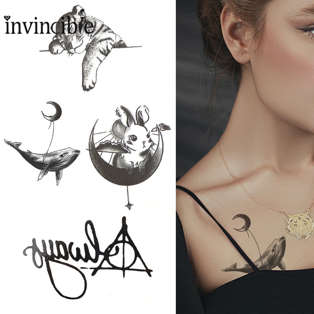 INS Cartoon Tiger Moon Whale Tattoo Stickers/ Waterproof Clavicle Temporary Tattoo Stickers Party Decals Men Women Body Art