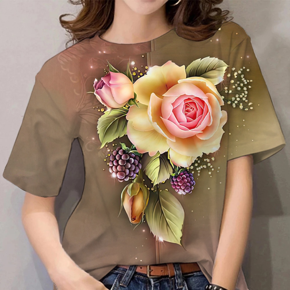 เสื้อยืดคอกลม แขนสั้น พิมพ์ลายดอกไม้ หรูหรา สไตล์ฮาราจูกุ สําหรับผู้หญิง Y2k ส่งฟรี