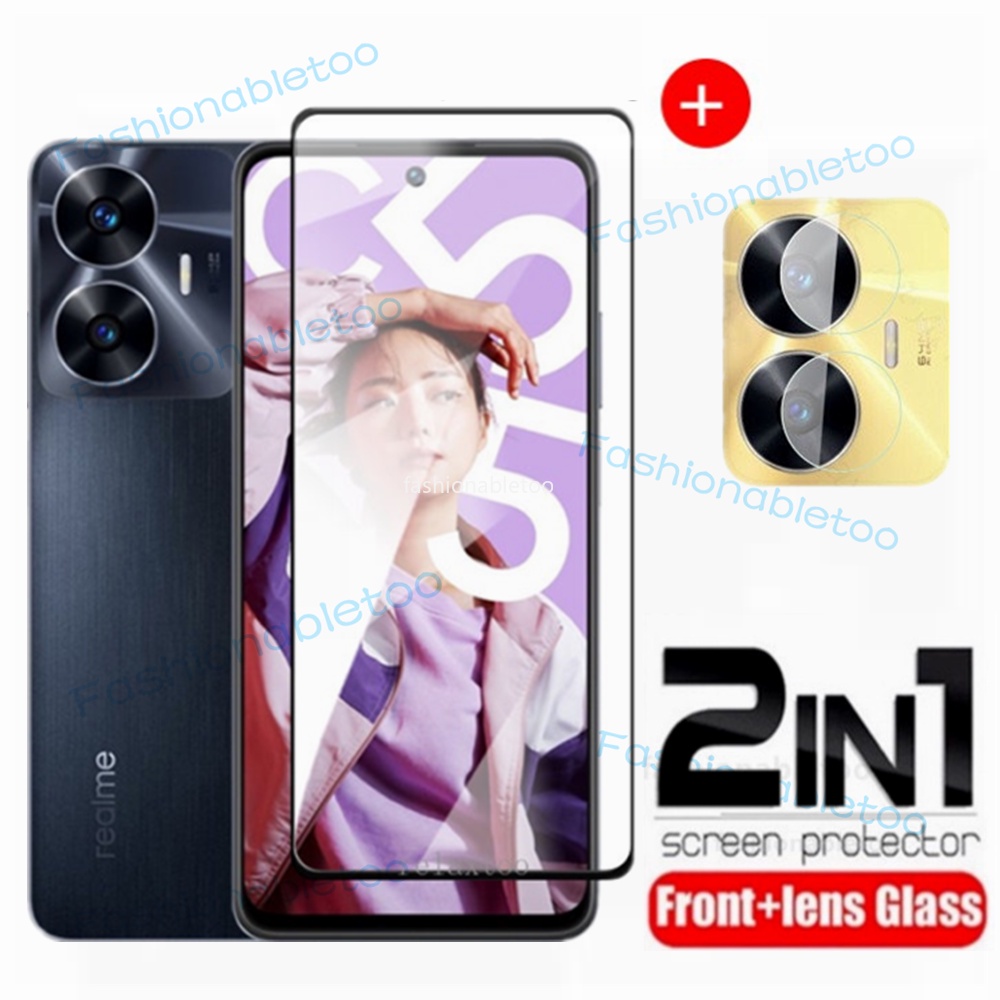2 in 1 ป้องกันหน้าจอกระจกนิรภัยฟิล์มสําหรับRealme C75 C61 C63 C65 C67 C51 C53 C55 Nfc C 75 C 55 RealmeC75 RealmeC61 RealmeC55 กล้องกลับเลนส์ป้องกันคลุมทั้งหมดฟิล์มด้านหน้า