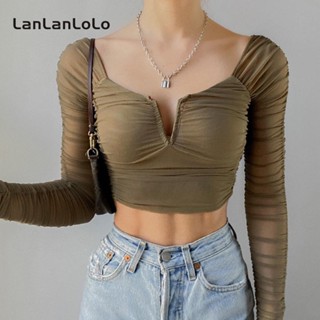 Lanlanlolo เสื้อครอปท็อปแขนยาว คอวี ผ้าตาข่าย สีพื้น สุดเซ็กซี่ สําหรับผู้หญิง 2023