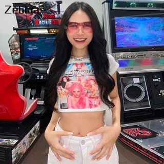 Zebina ถักคอกลมพิมพ์แขนสั้นด้านบนแฟชั่นผู้หญิงเซ็กซี่ร้อนสาวสะดือสั้นเสื้อยืดผู้หญิง